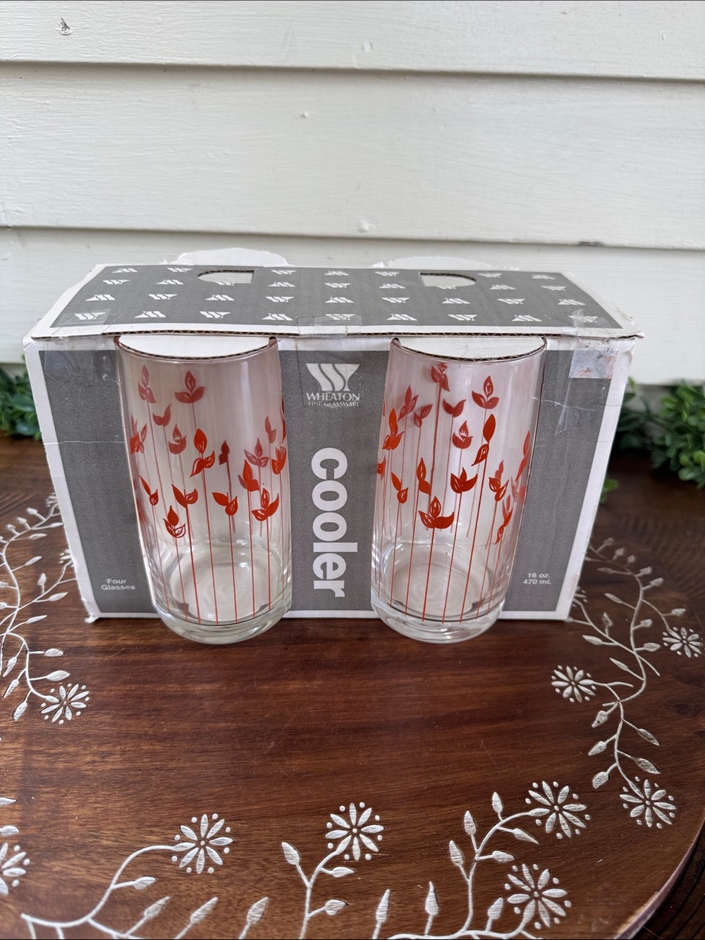Vtg Wheaton 'Cooler' Glass Tumblers with Orange Floral Design (Set of 4) NEW
